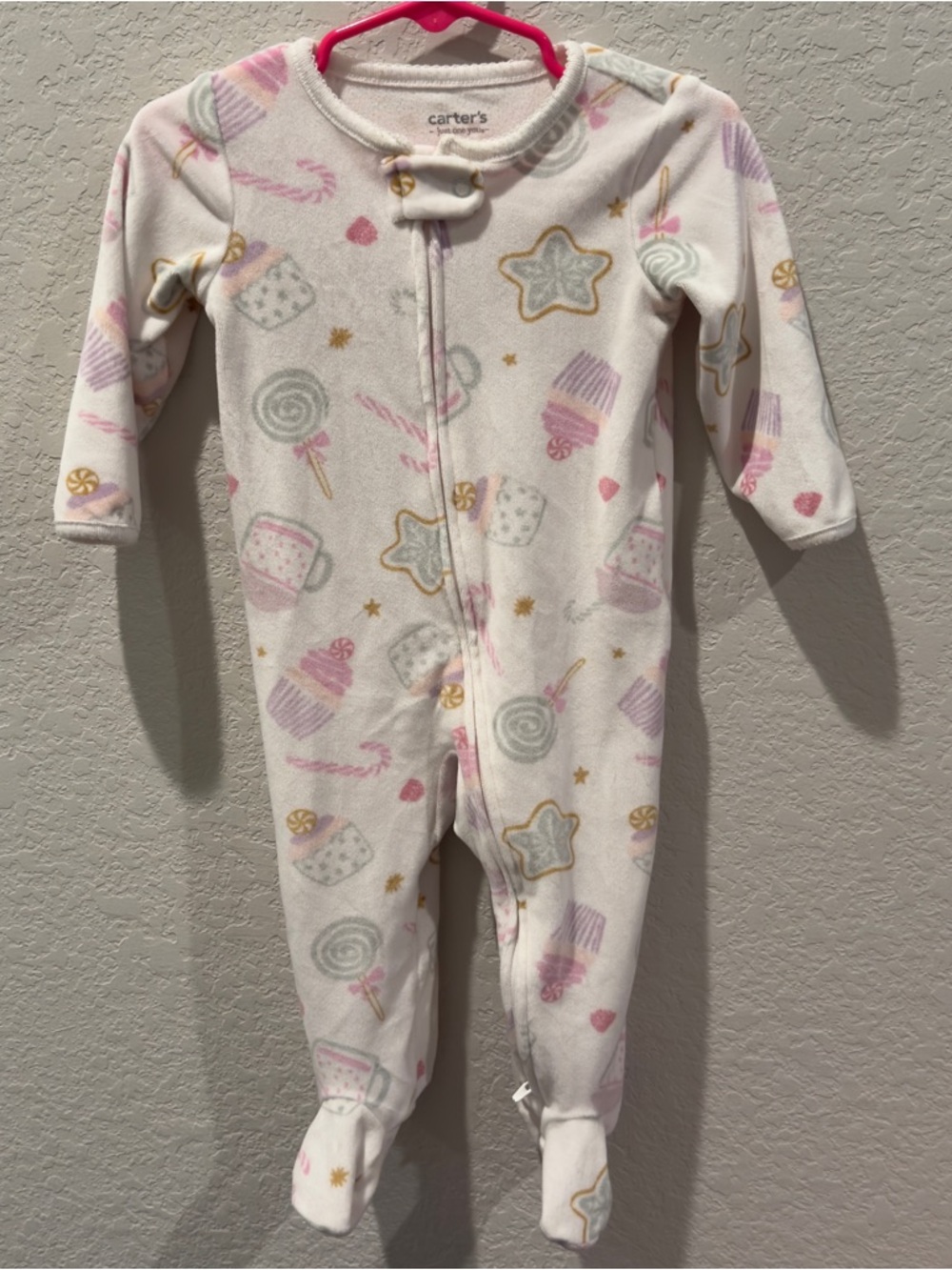 Carter's White Fleece Footed One-Piece with Pink & Gold Treats